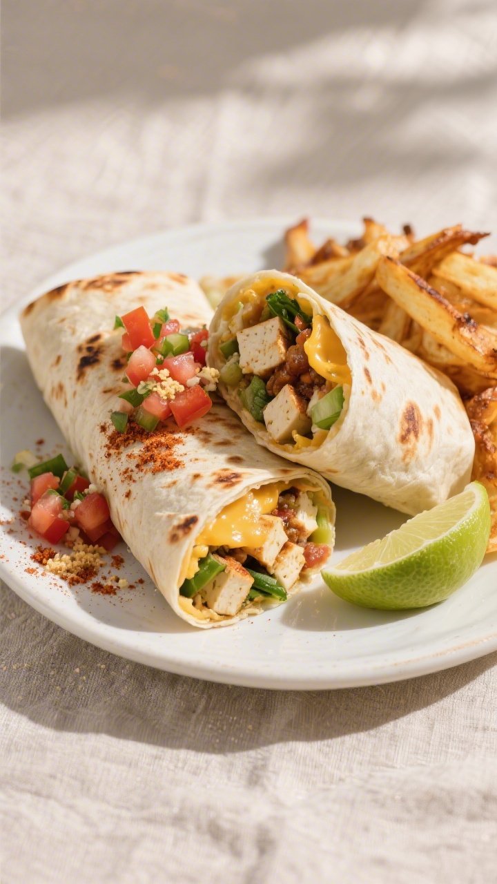 Final dish presentation: Restaurant-quality plate with two toasted tofu-and-veg breakfast burritos, 