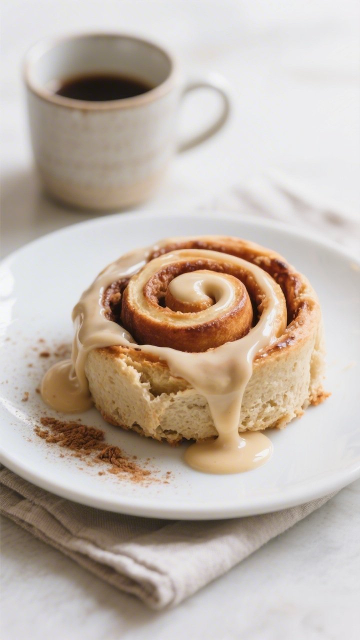 Final dish presentation: Restaurant-quality plated gluten-free cinnamon roll served warm on a matte 