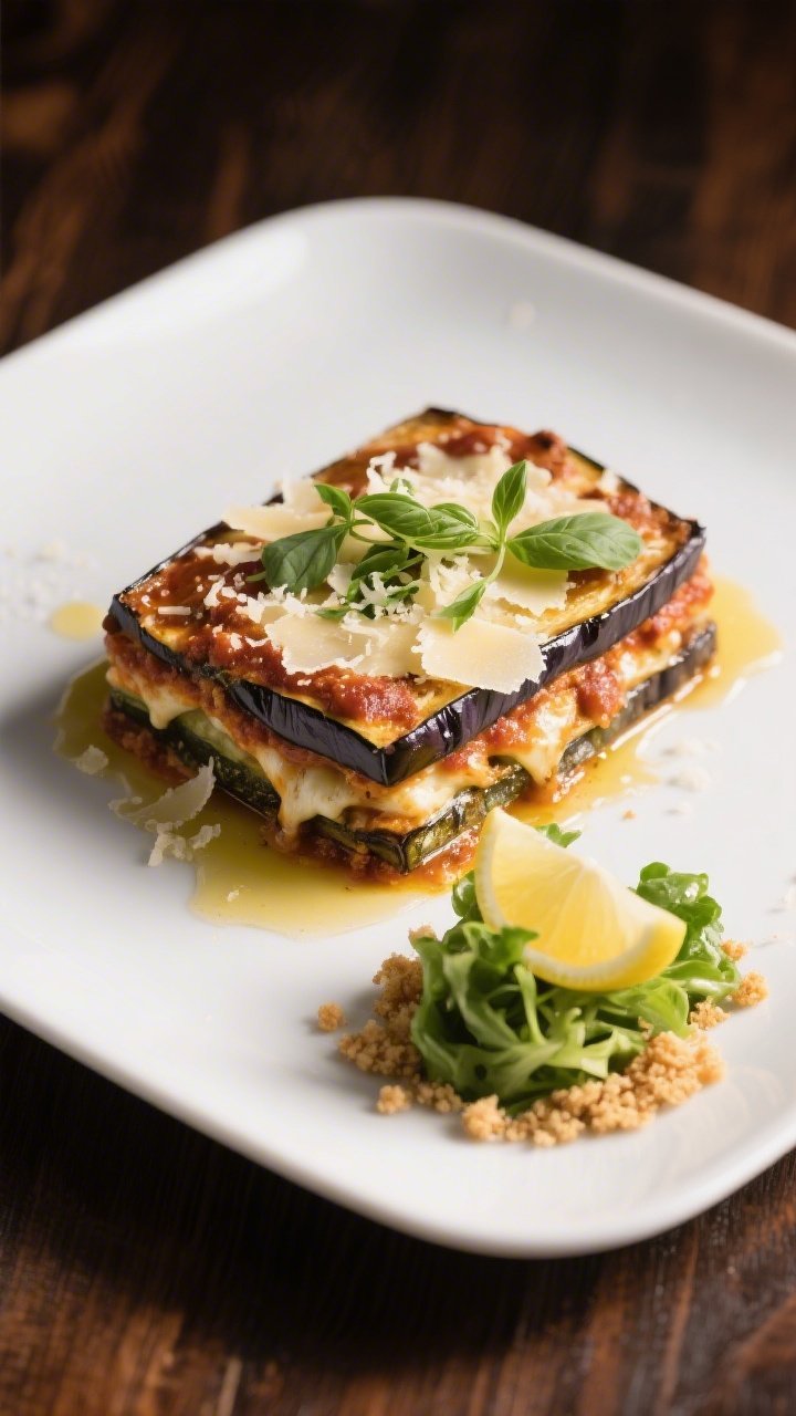 Final dish presentation: Restaurant-quality plated serving of Aubergine Parmesan on a wide, matte wh