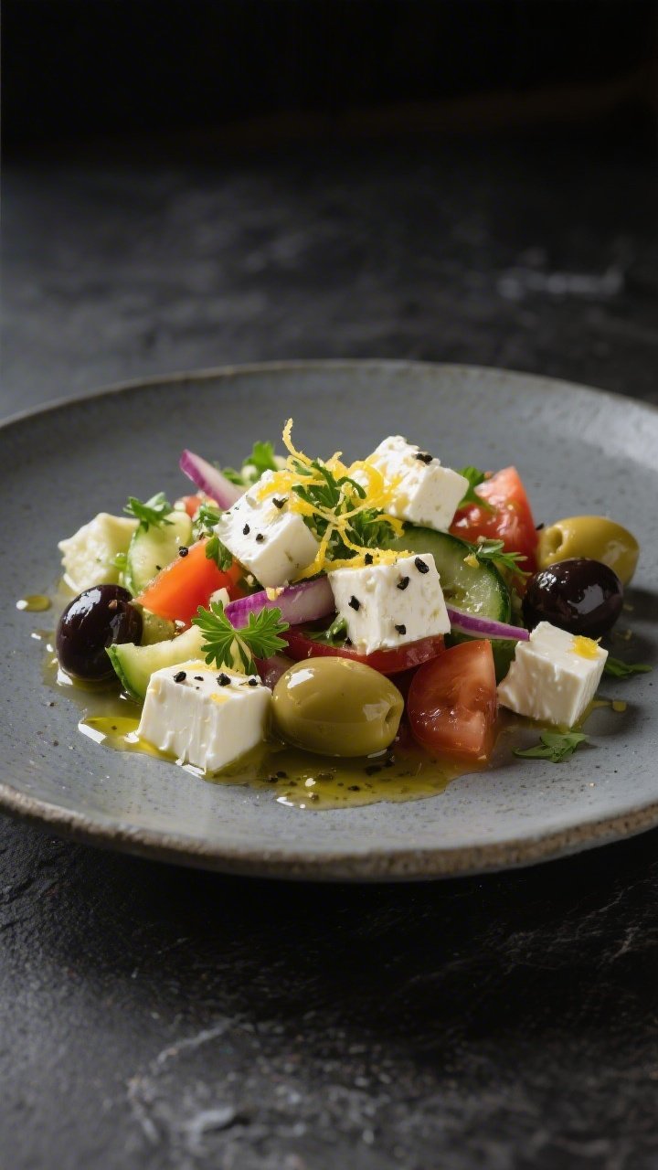 Final dish presentation: Restaurant-quality plated Greek salad portioned on a matte stoneware plate,