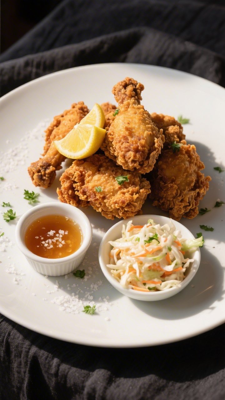 Final dish presentation: Restaurant-quality plated gluten-free fried chicken (mix of drumsticks and 