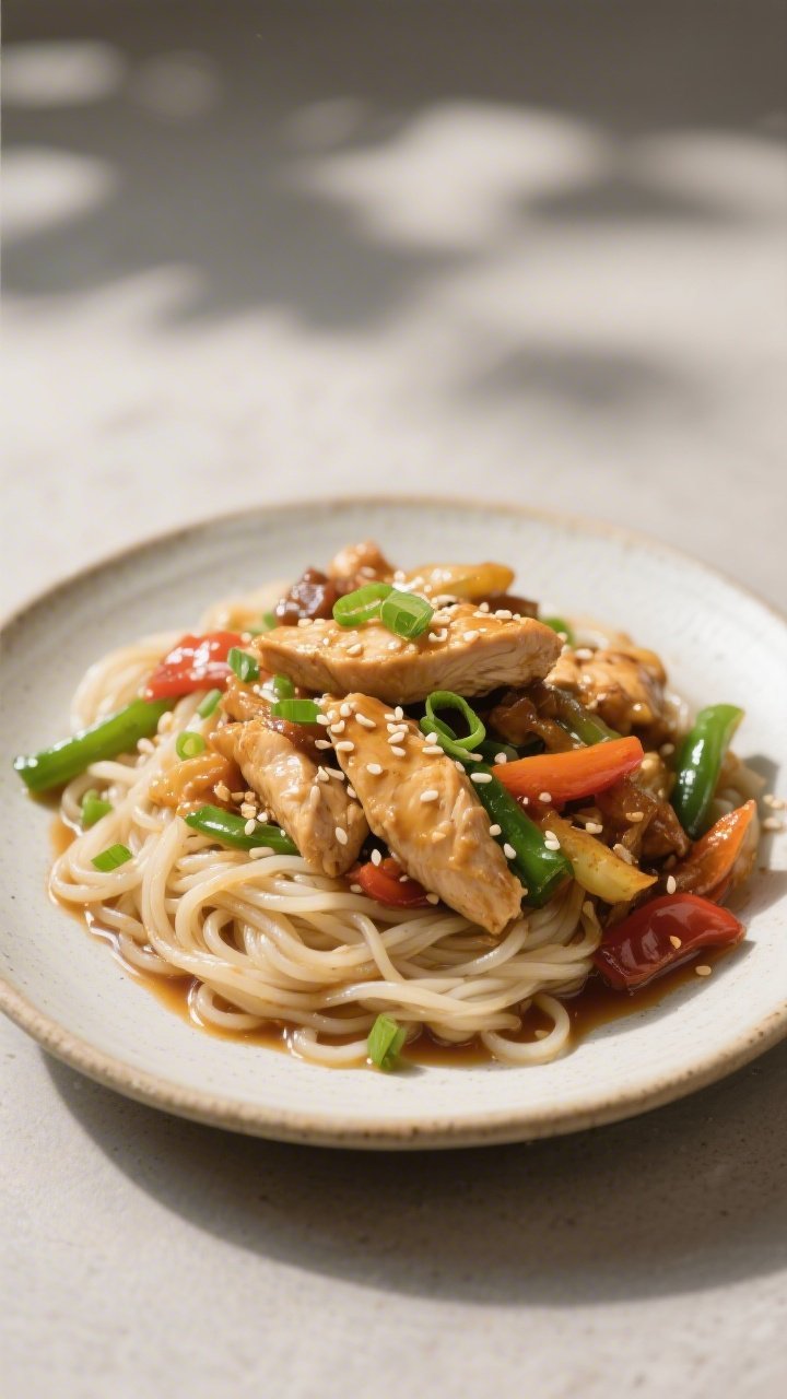 Final dish presentation: Restaurant-quality plating of gluten-free chicken stir fry over gluten-free