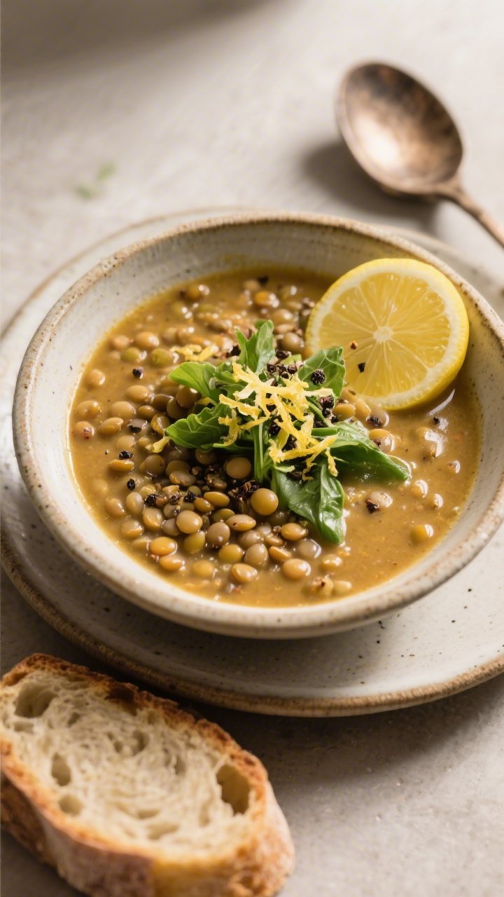 Final dish presentation: Restaurant-quality plating of Zesty Lemon Lentil Soup, partially blended fo