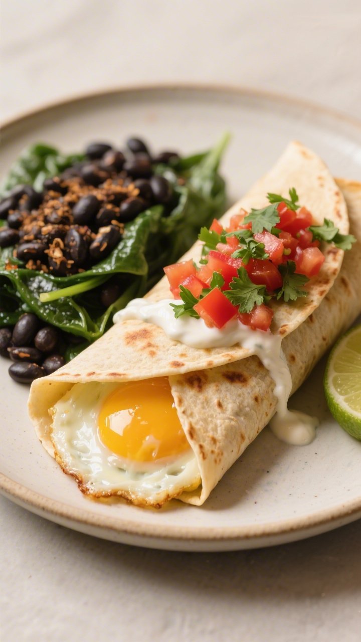 Final dish presentation: Restaurant-quality plating of a fully rolled gluten-free breakfast burrito 