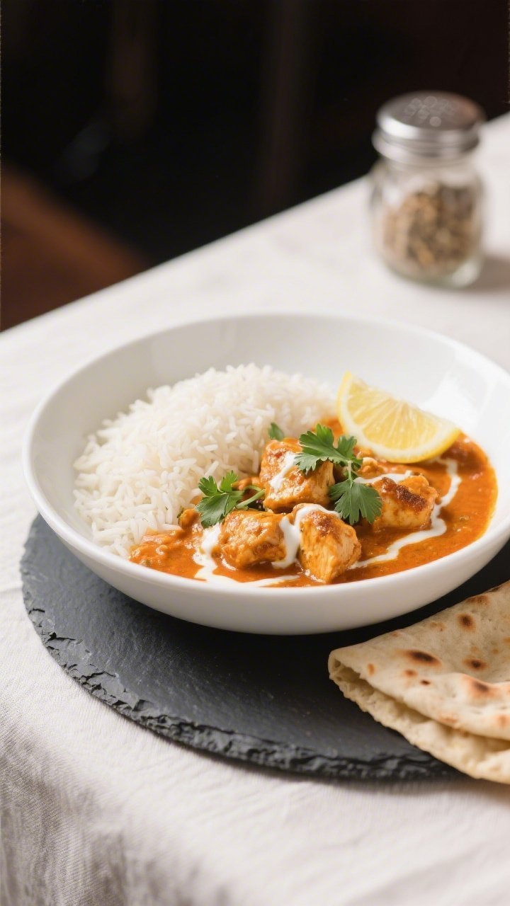 Final dish presentation: Restaurant-style plating of gluten-free Chicken Tikka Masala in a shallow w