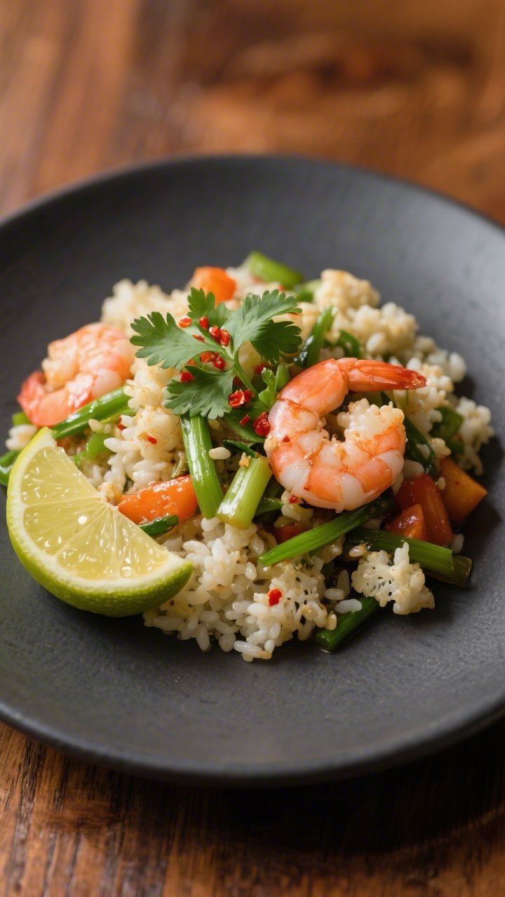 Final dish, restaurant-quality plating: Elegant single-serve plate of cauliflower rice stir fry with