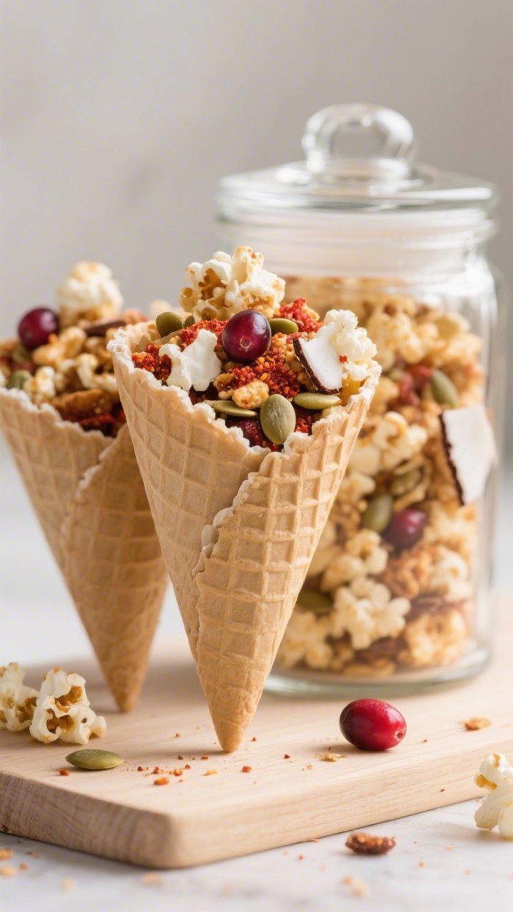 Final dish, styled presentation: A close, three-quarter angle of the gluten-free popcorn snack mix p