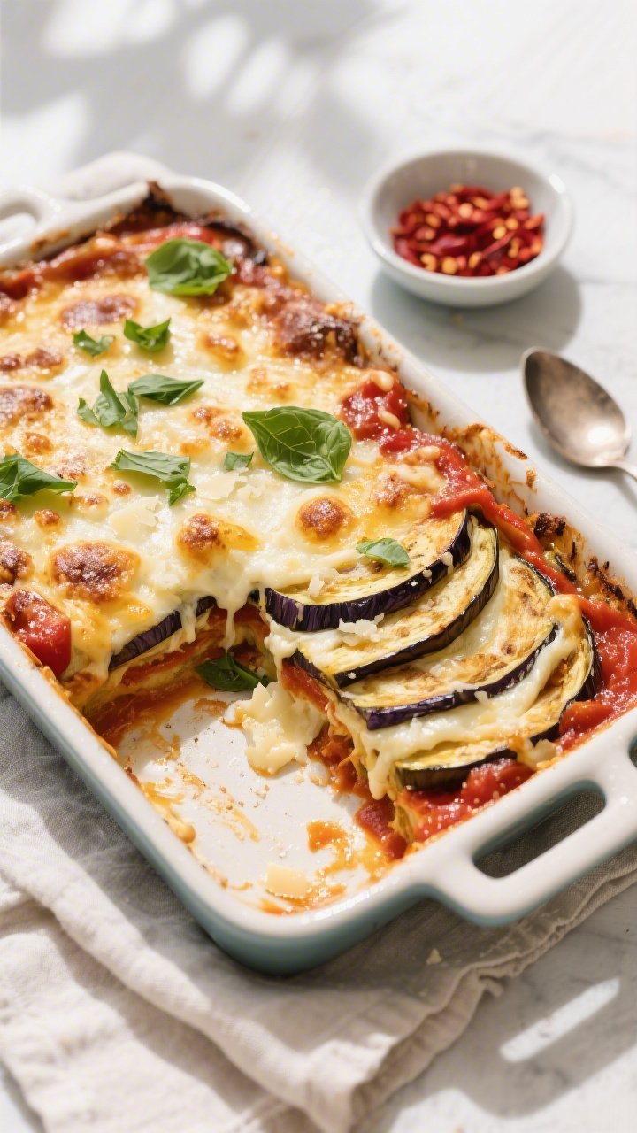 Final dish, tasty top view: Overhead shot of the finished Simple Gluten-Free Eggplant Bake, cheese m