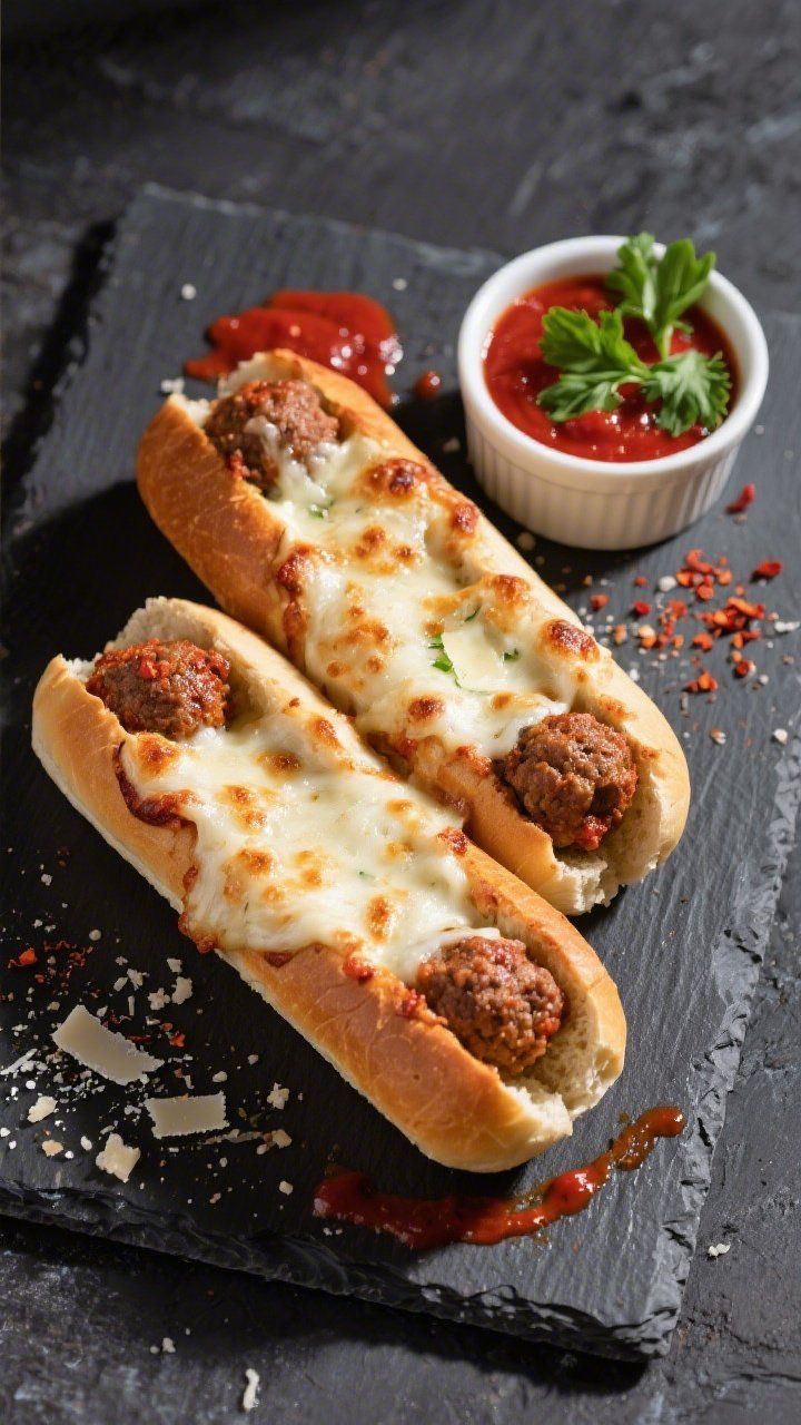 Final dish top-view: Overhead shot of finished Gluten-Free Meatball Subs on a dark slate board, chee