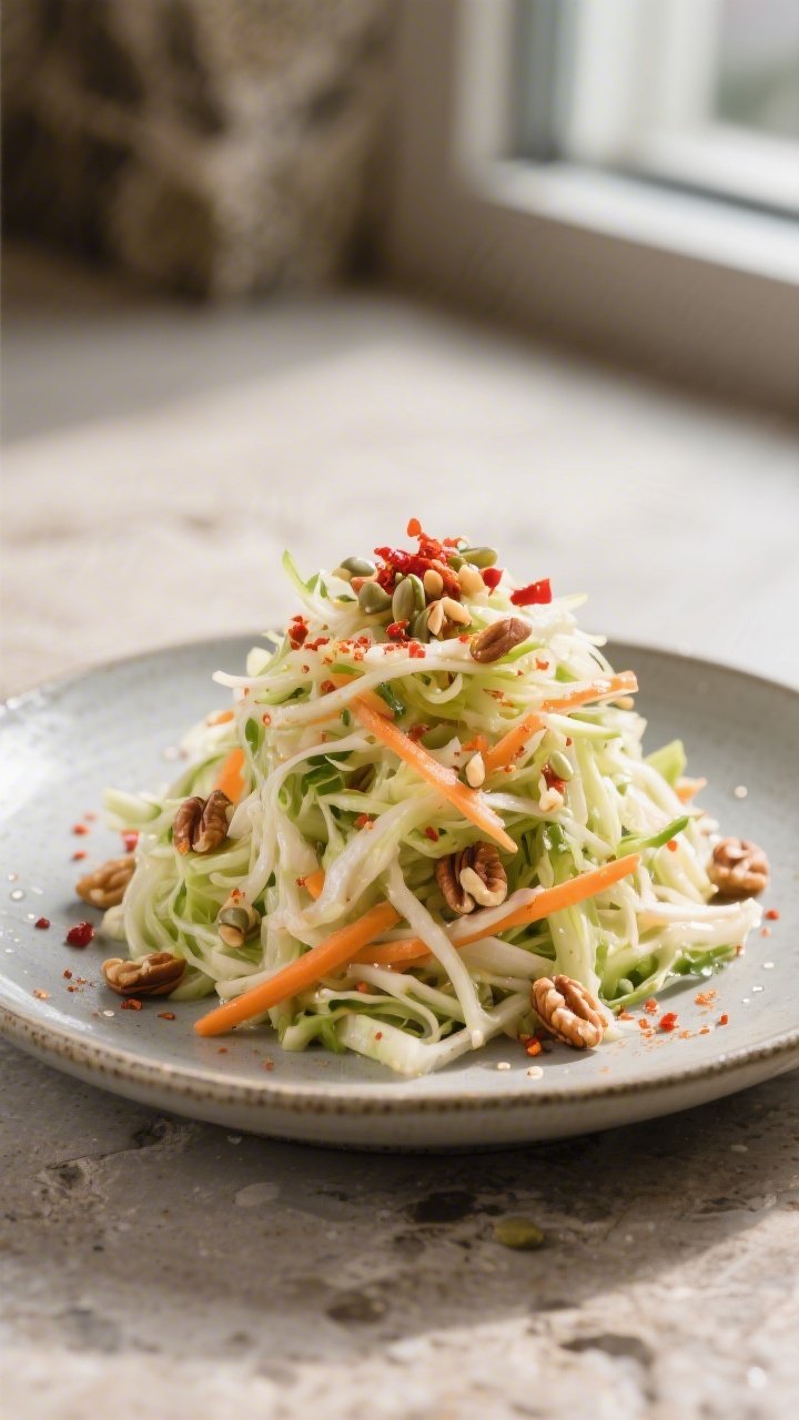 Final plated beauty: Restaurant-quality presentation of the slaw as a side on a matte ceramic plate,