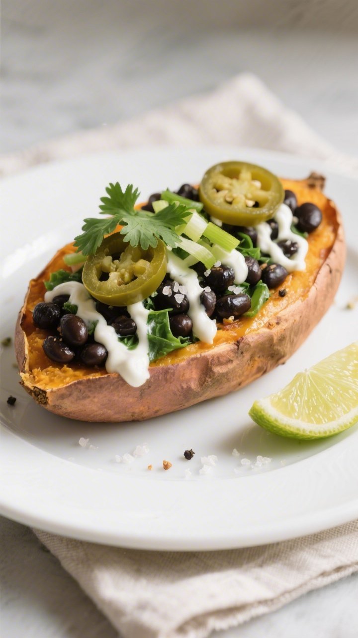 Final plated beauty: Restaurant-quality single serving of stuffed sweet potato on a white ceramic pl