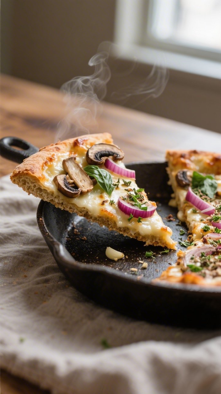 Final plated beauty shot: Sliced gluten-free pan pizza wedge lifted slightly from a cast-iron skille