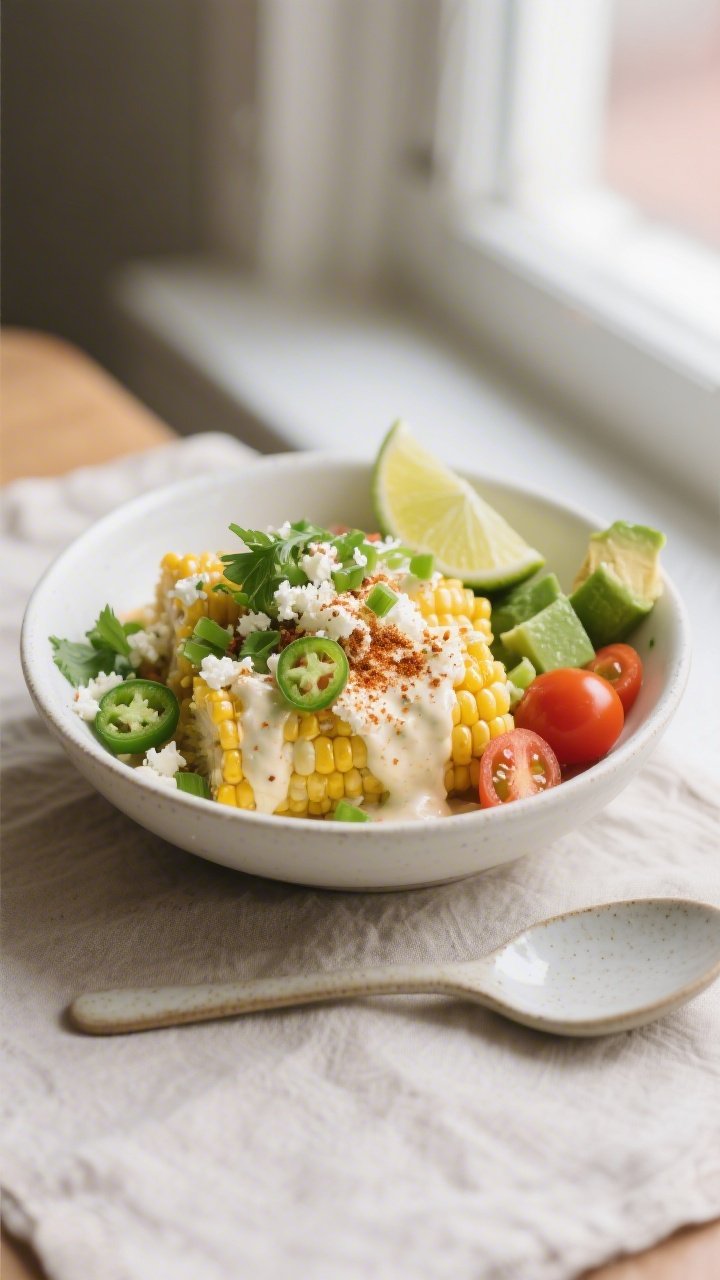 Final plated bowl: Gluten-Free Mexican Street Corn Bowl served warm in a matte white shallow bowl, c