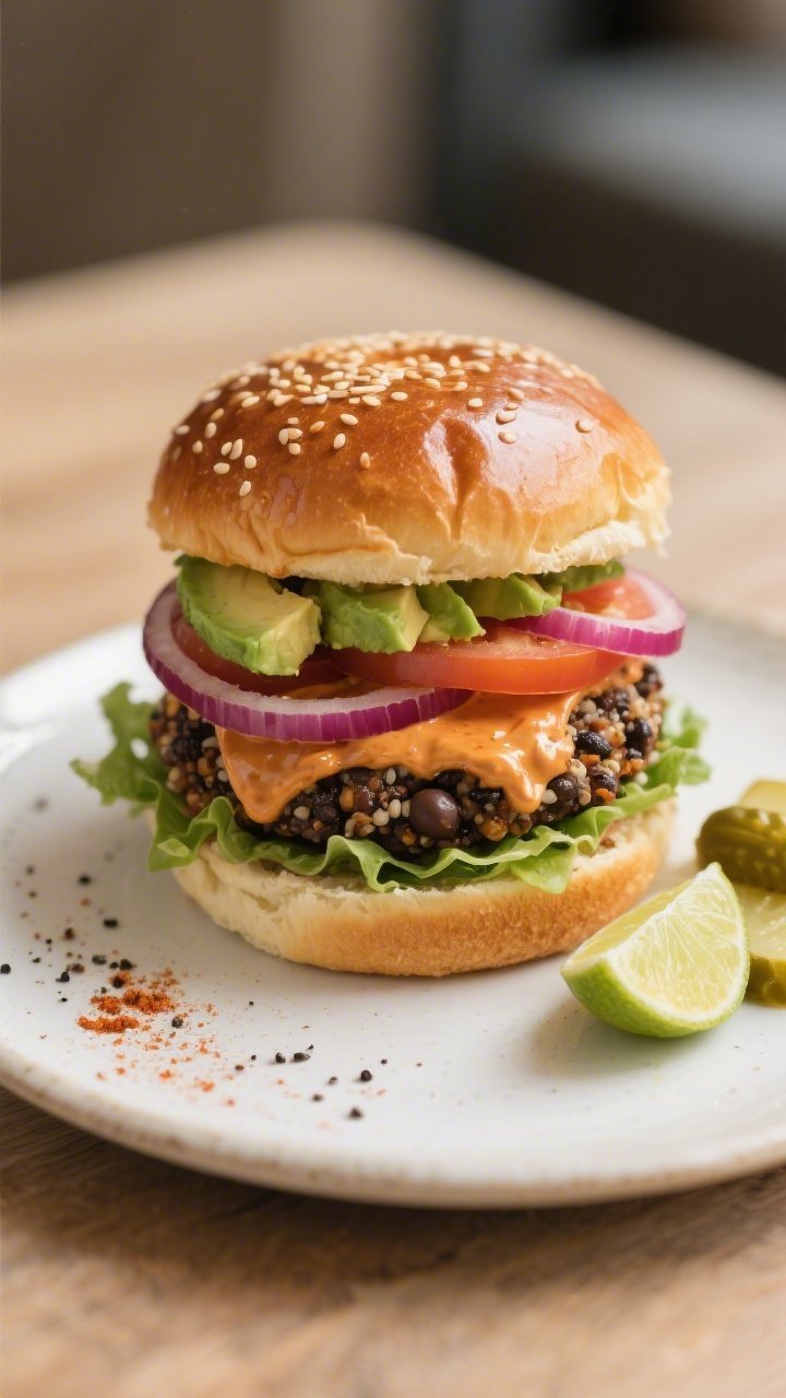 Final plated burger beauty: Fully assembled Black Bean & Quinoa Burger on a toasted brioche-style bu