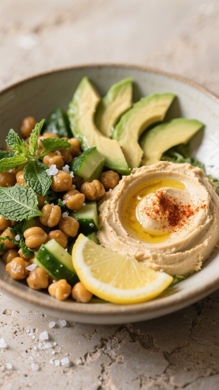 Final plated close-up: Beautifully plated Mediterranean Gluten-Free Chickpea Bowl with avocado slice