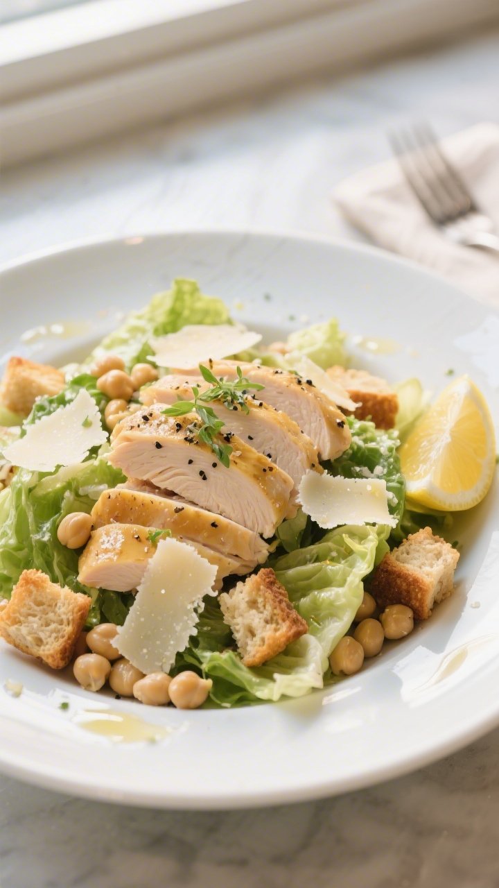 Final plated dish beauty: Restaurant-quality plating of Gluten-Free Chicken Caesar Salad on a wide w