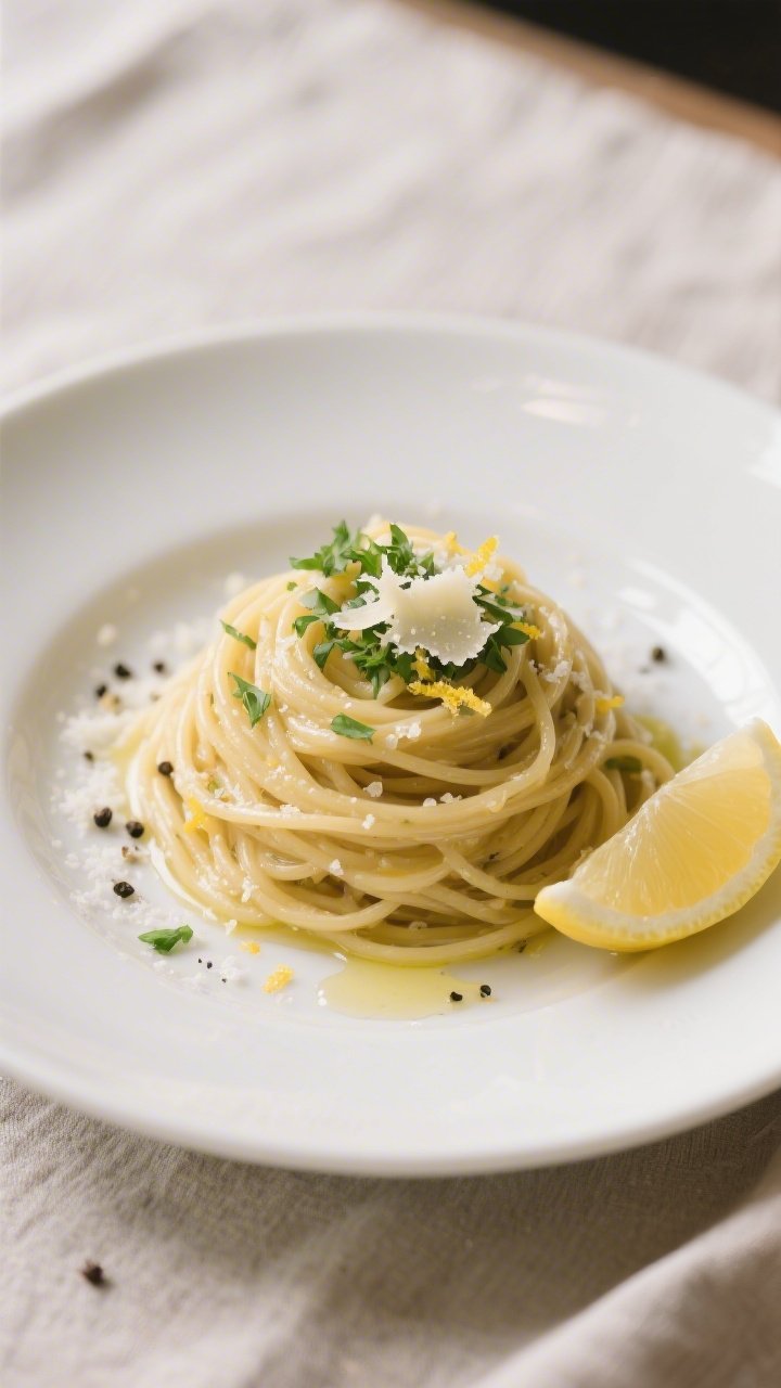 Final plated dish beauty shot: 15-Minute Gluten-Free Garlic Pasta twirled into a neat nest on a wide