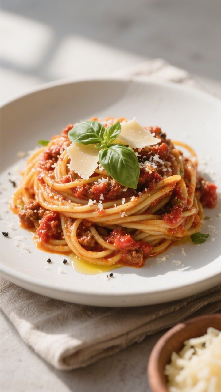 Final plated dish beauty shot: Gluten-free spaghetti Bolognese twirled into a neat nest on a matte w