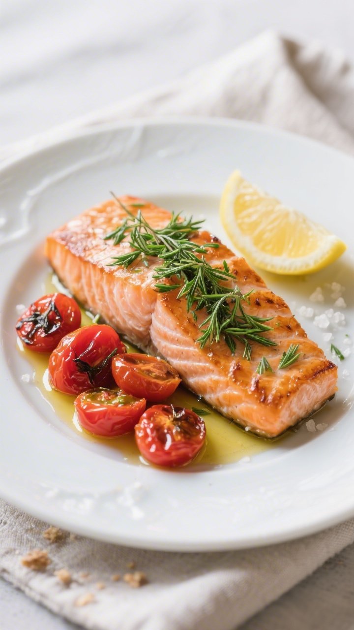 Final plated dish – Herbed Salmon with Cherry Tomatoes: Beautifully plated oven-roasted salmon fil