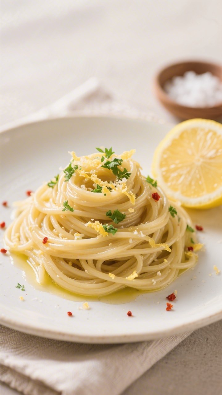 Final plated dish, restaurant-quality: Luscious 15-minute dairy-free garlic spaghetti twirled into a