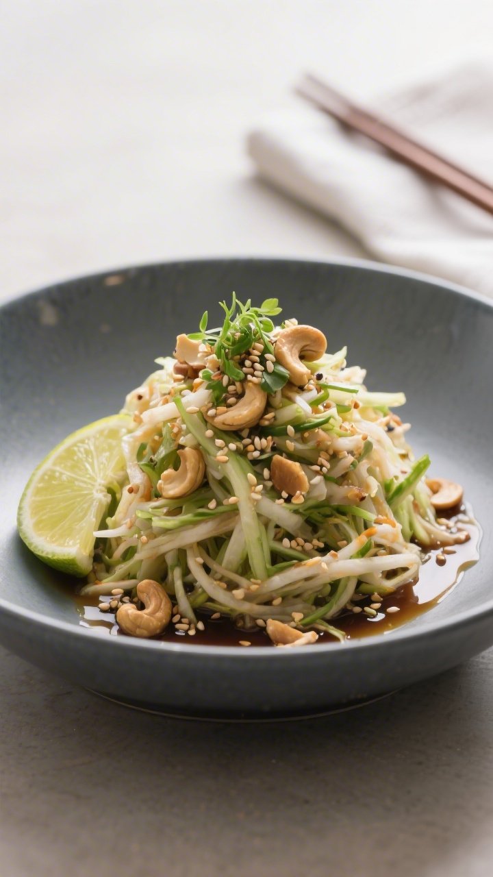 Final plated dish – restaurant-quality presentation: Beautifully plated Asian dairy-free slaw moun