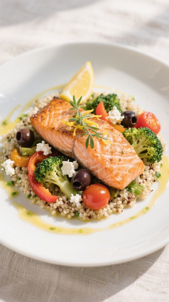 Final plated dish: Restaurant-quality presentation of the Mediterranean variation—quinoa base swir