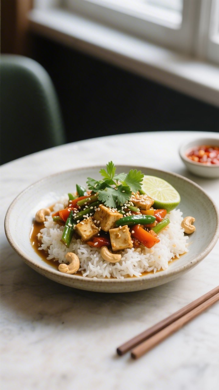 Final plated dish, restaurant-quality presentation: Beautifully plated gluten-free vegan stir fry ov