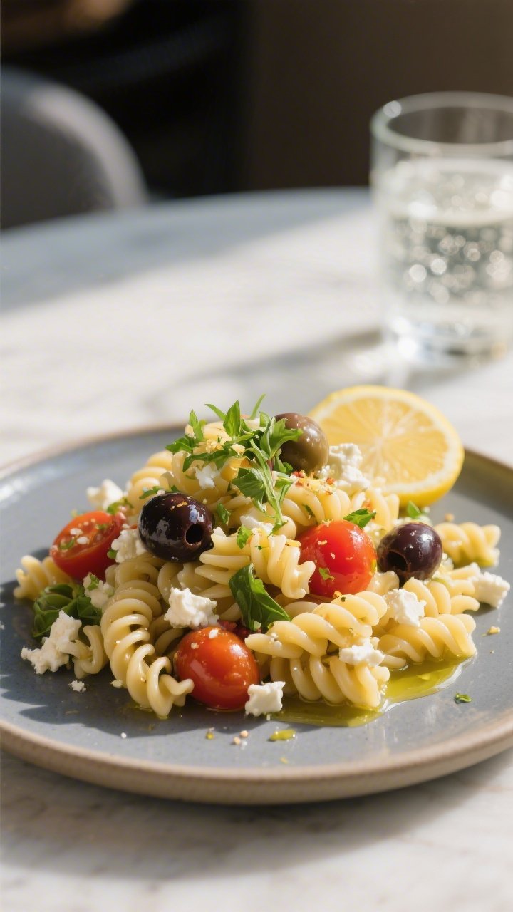 Final plated dish, restaurant-quality presentation: A composed individual serving of the pasta salad