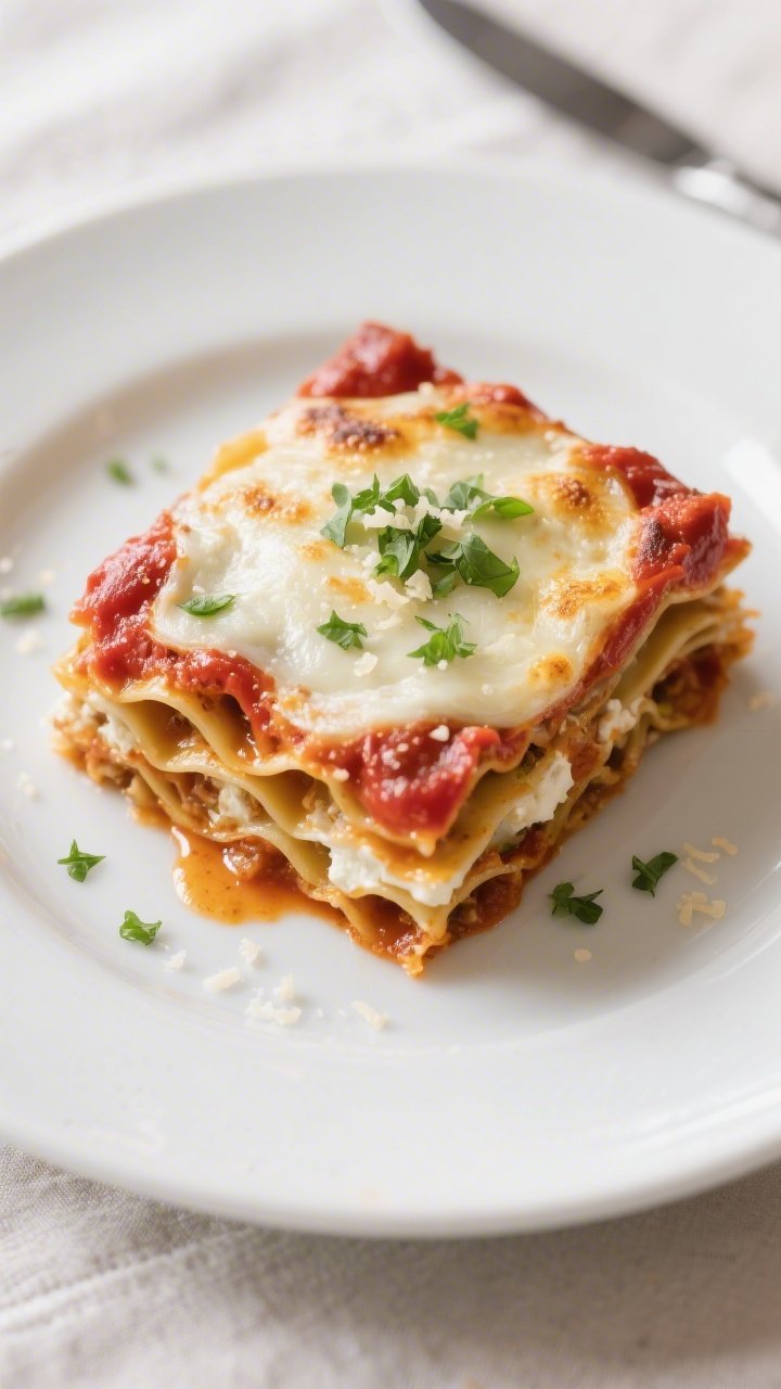 Final plated hero: A clean slice of gluten-free lasagna on a white ceramic plate, layers clearly def