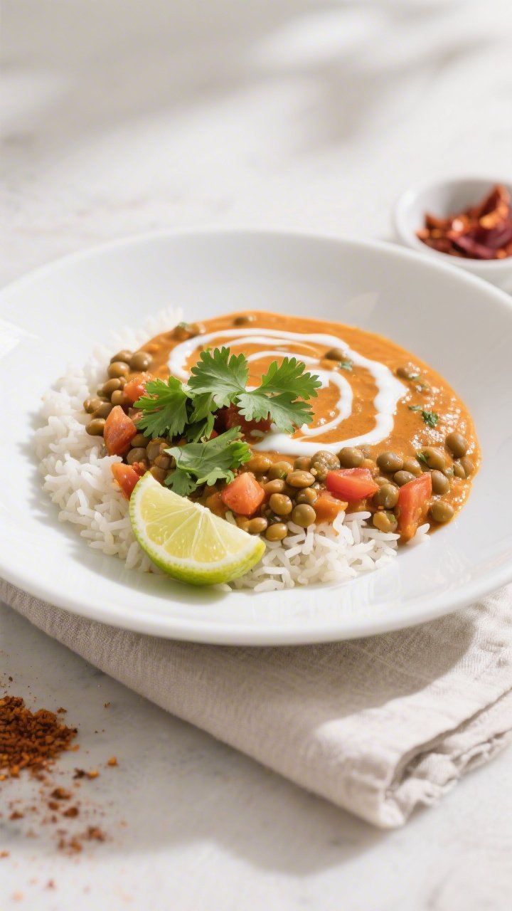 Final plated hero shot: Beautifully plated Vegan Gluten-Free Lentil Curry in a wide, shallow white b
