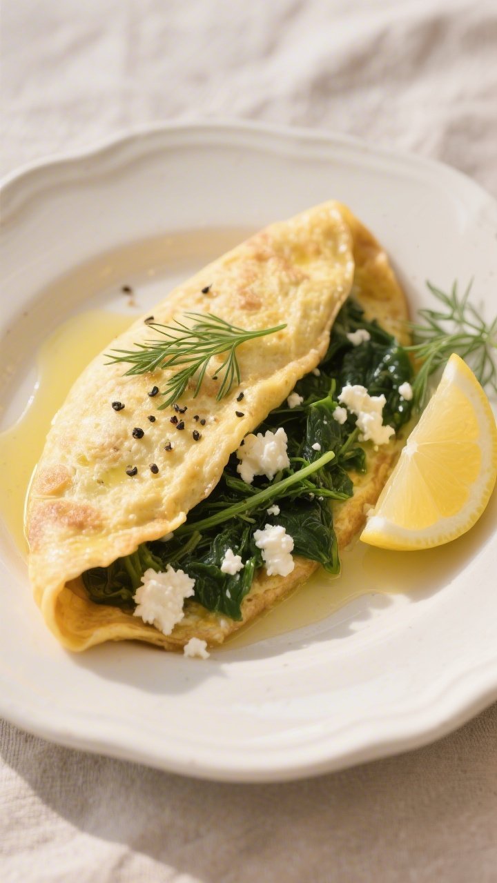 Final plated presentation: Beautifully folded Spinach & Feta Gluten-Free Omelette on a warm white ce