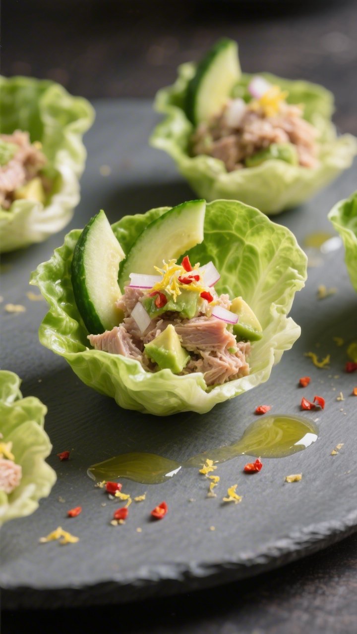 Final plated presentation: Elegant lettuce-cup service with butter lettuce leaves neatly filled with