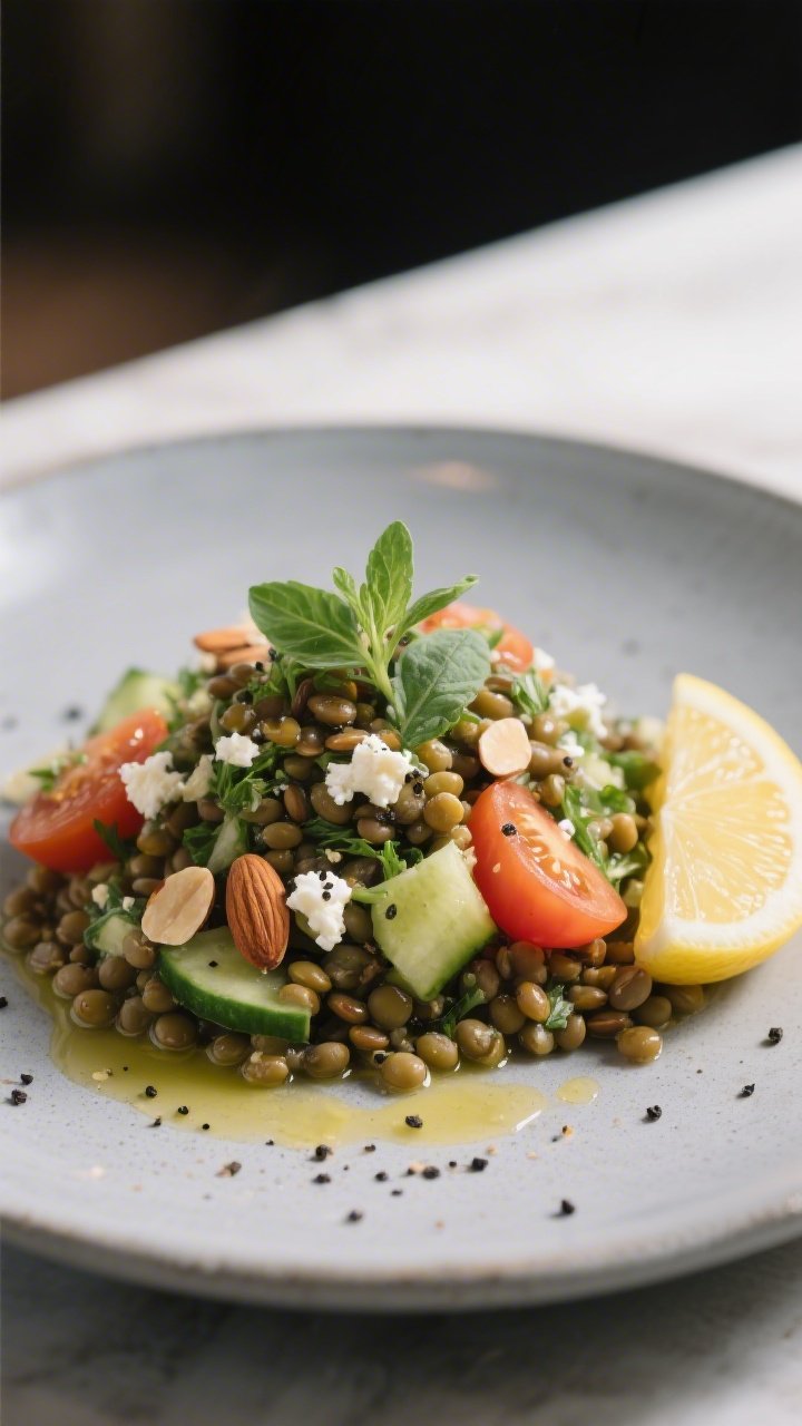 Final plated presentation: Restaurant-quality plate of lentil herb salad mounded neatly on a cool gr