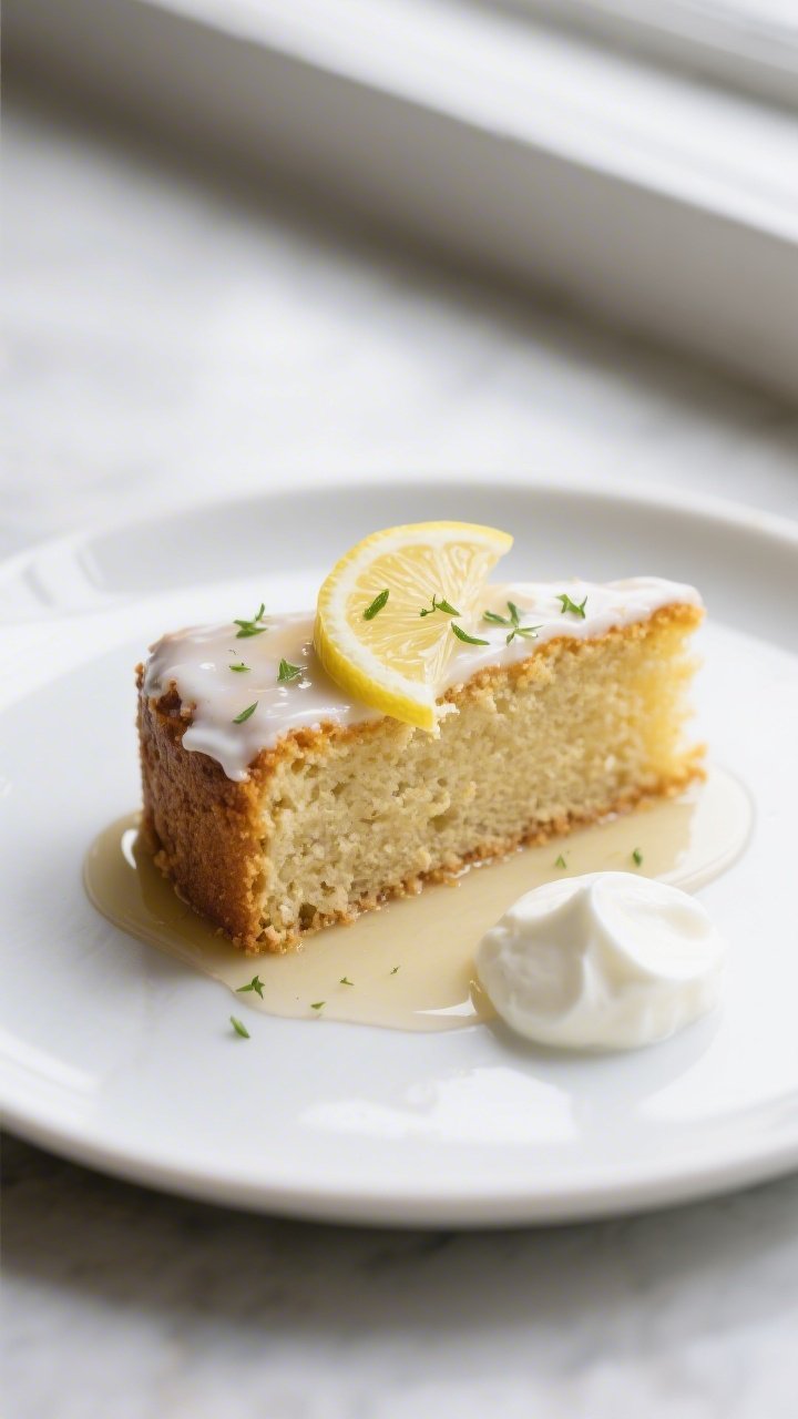 Final plated presentation: Restaurant-quality slice of gluten-free lemon drizzle cake on a matte whi