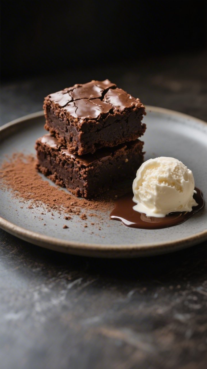 Final plated presentation: two thick, fudgy gluten-free brownie squares stacked on a small matte cer