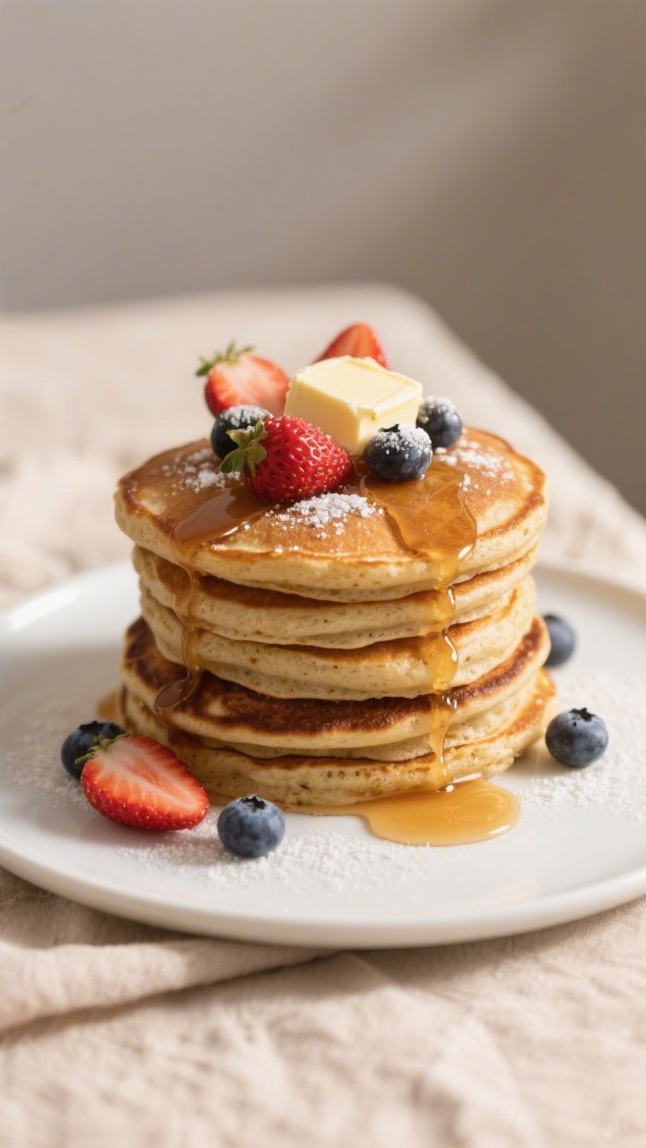 Final plated stack, side angle hero shot: Tall stack of fluffy gluten-free vegan pancakes on a matte