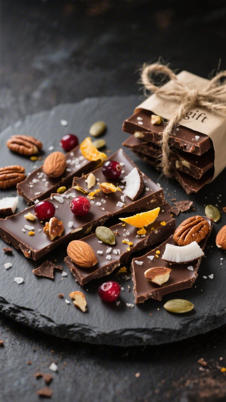 Final presentation — giftable shards: Beauty shot of broken chocolate bark shards arranged on a ma
