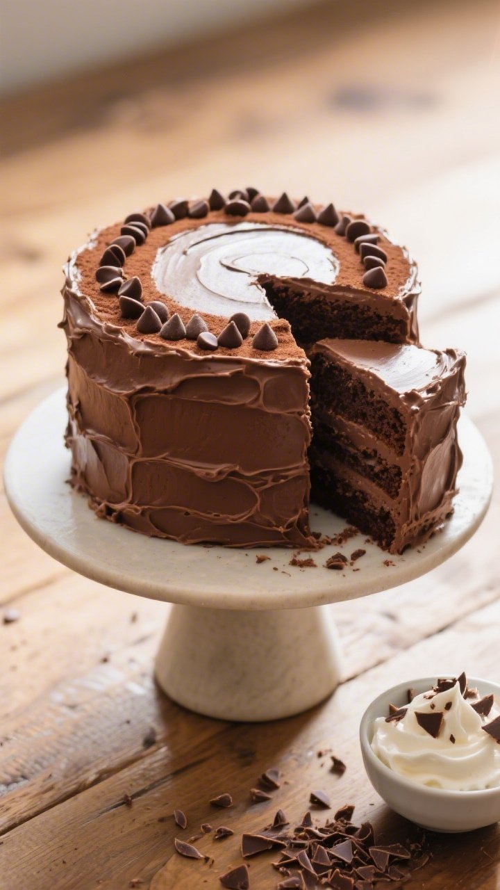 Final presentation hero shot: Overhead of a fully frosted gluten-free chocolate layer cake on a simp