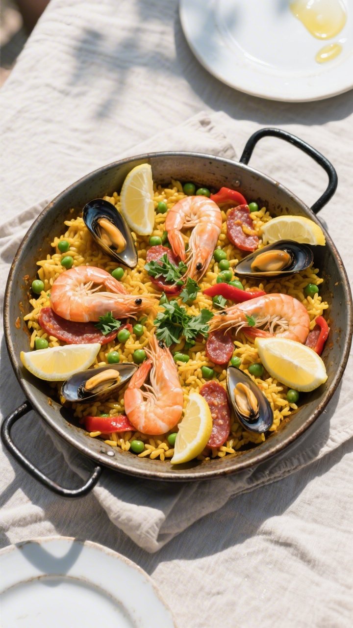 Final presentation top view: Overhead shot of the finished gluten-free Spanish paella served family-