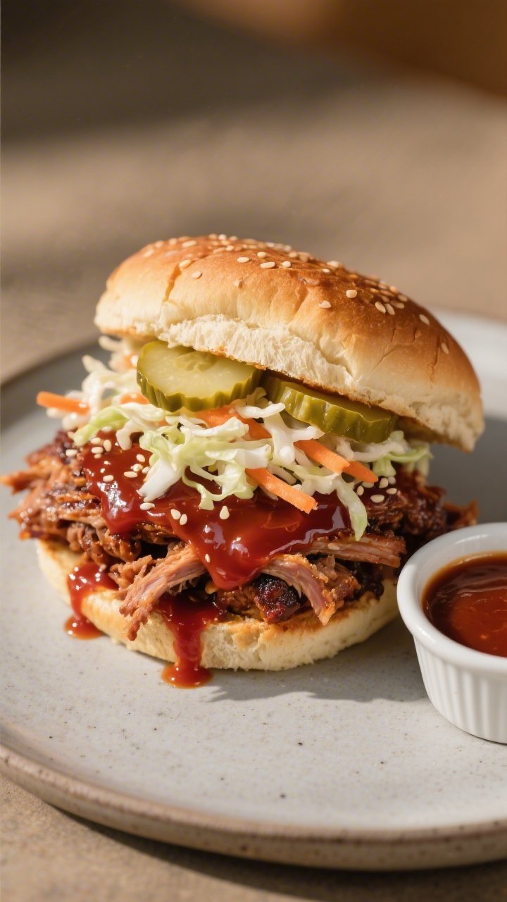 Final sandwich beauty shot: Gluten-free BBQ pulled pork sandwich stacked high on a lightly toasted g