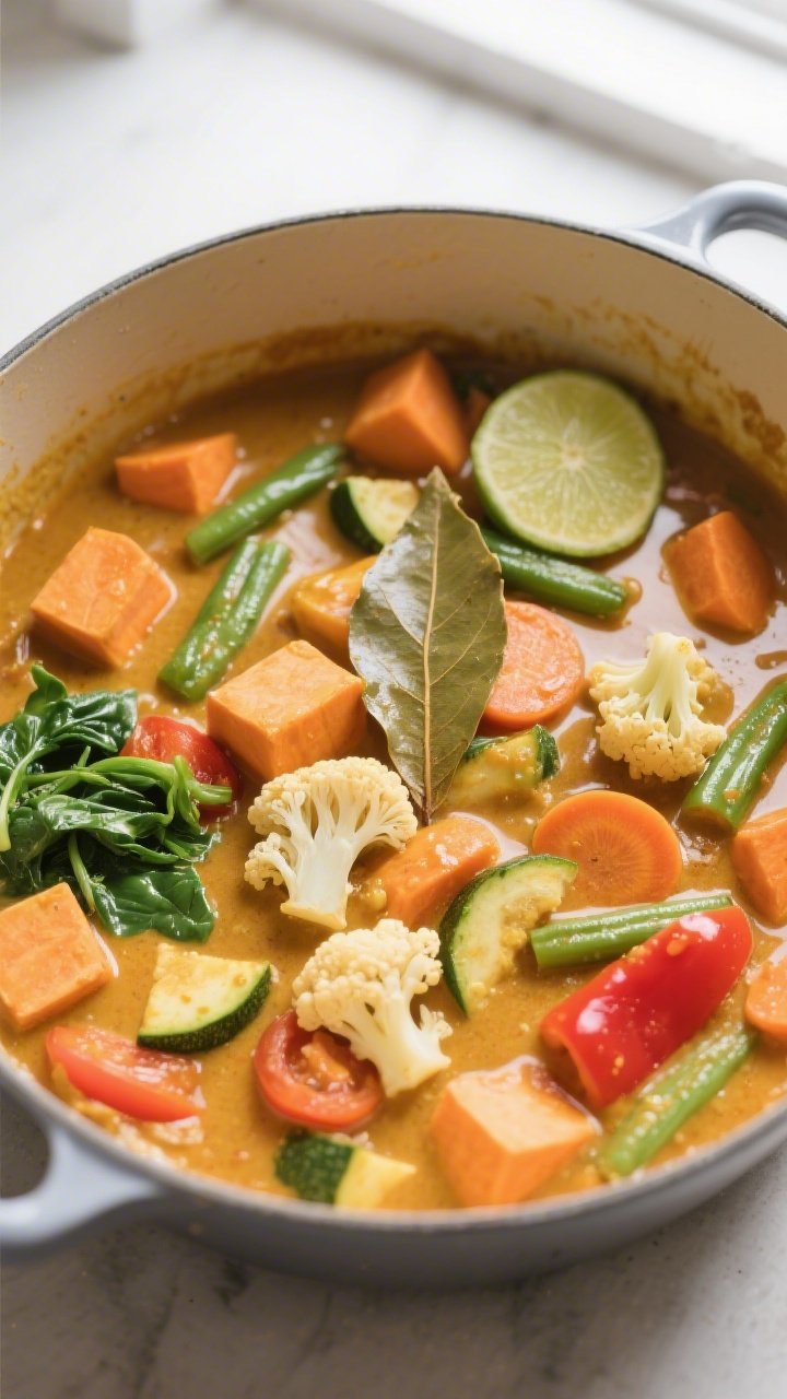 Hearty simmer — Vegetables in creamy curry: Overhead shot of the curry mid-simmer showing tender c