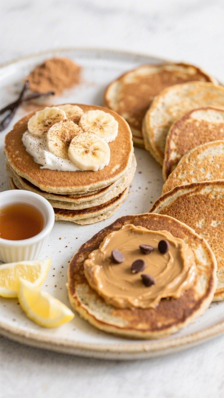 Overhead brunch scene (tasty top view): Top-down shot of several gluten-free vegan pancakes arranged
