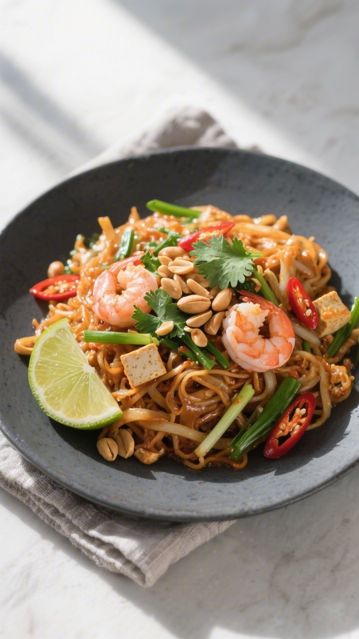 Overhead final plating: Gluten-free Pad Thai piled on a matte charcoal plate, topped with chopped ro