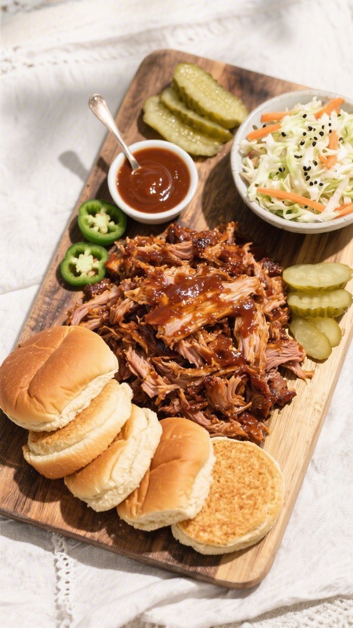 Overhead platter for serving: Top-down shot of a rustic serving board with a mound of sauced, gliste