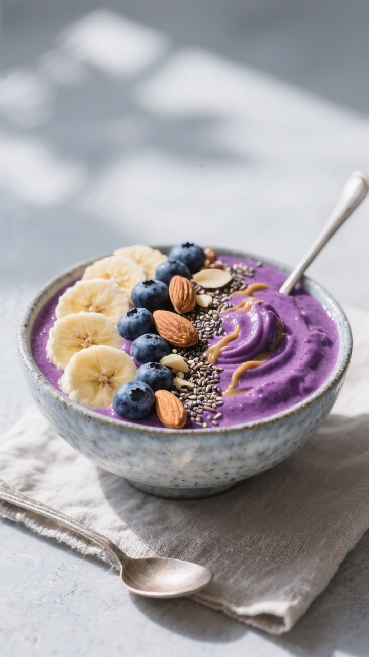 Overhead shot of a thick, spoonable gluten-free Berry-Almond Smoothie Bowl just poured into a frosty