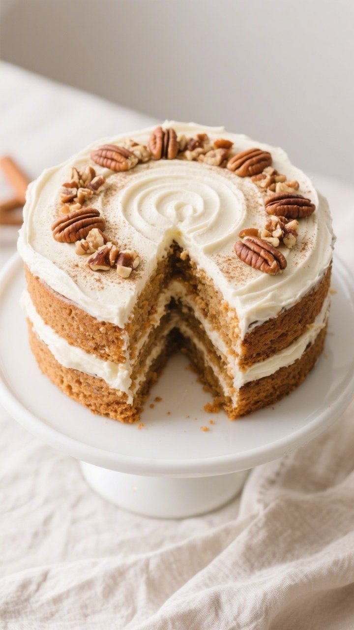 Overhead shot of the assembled gluten-free carrot layer cake with semi-naked cream cheese frosting,