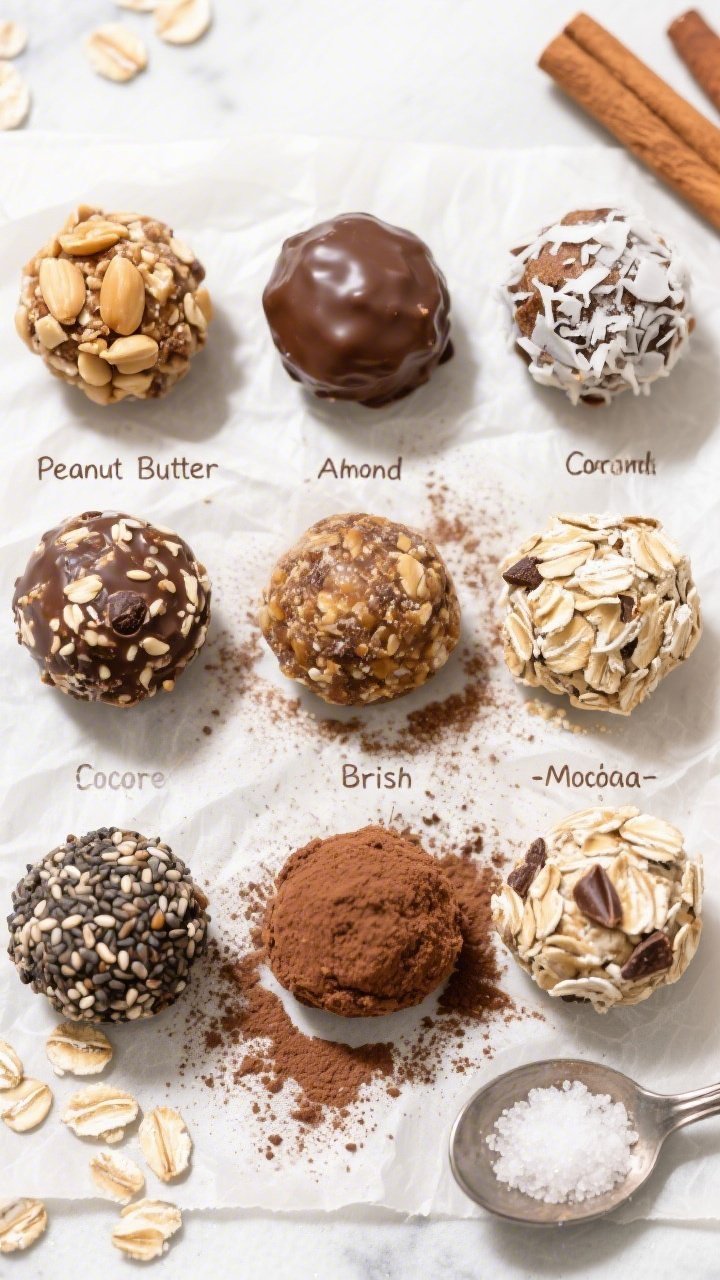 Overhead tasty top view: An assortment of finished energy balls arranged in a grid on parchment—th