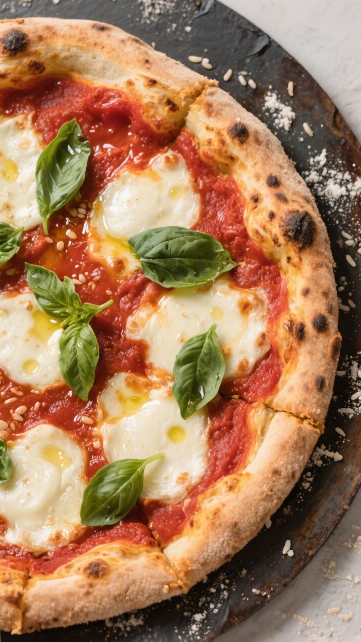 Overhead “tasty top view”: Final baked gluten-free margherita-style pizza on a dark pizza steel,