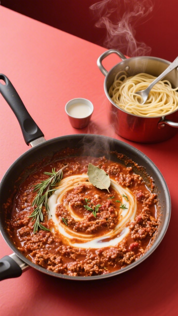 Overhead “tasty top view”: Large skillet of finished Bolognese sauce—thick, not watery—with 