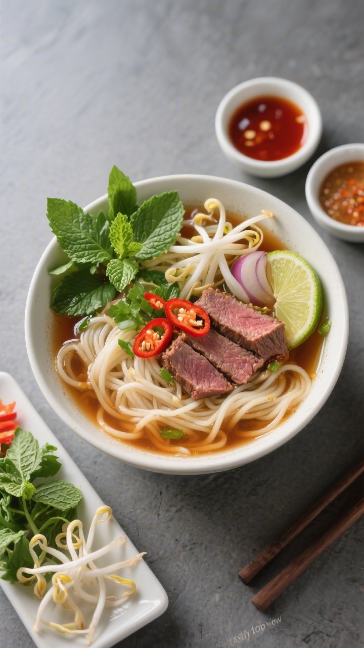 Overhead “tasty top view” of a fully assembled gluten-free beef pho bowl: tangle of medium-width